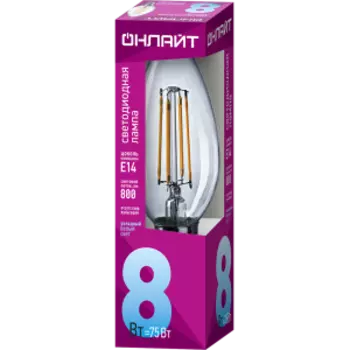 Лампа филаментная Онлайт, Е14, 8 Вт, 4000K, свеча