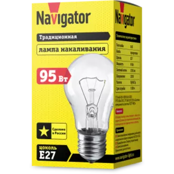 Лампа накаливания Navigator, Е27, 95 Вт, теплый свет, груша