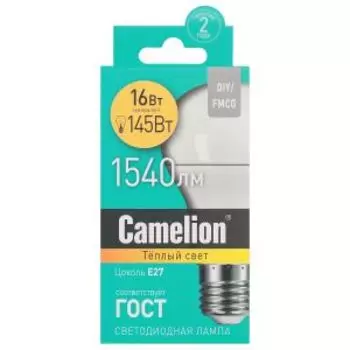 Лампа светодиодная Camelion, 16 Вт, E27, 3000K, груша, A60