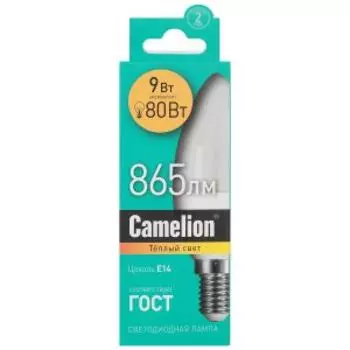 Лампа светодиодная Camelion, 9 Вт, E14, 3000K, свеча, C35