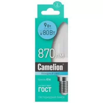 Лампа светодиодная Camelion, 9 Вт, E14, 4000K, свеча, C35