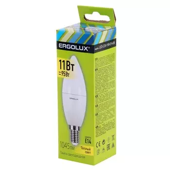 Лампа светодиодная ERGOLUX, E14, 11 Вт, 3000К, 172-265 В, свеча
