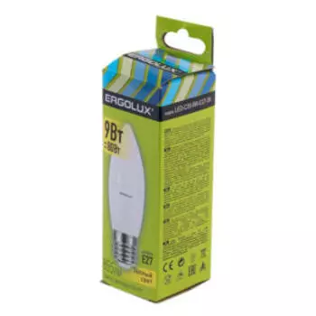 Лампа светодиодная ERGOLUX LED, 9Вт, E27, 3000K, 172-265В, свеча