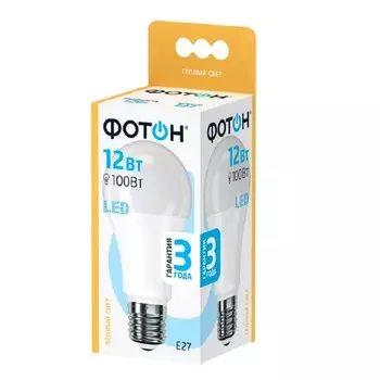 Лампа светодиодная Фотон LED, E27, 12 Вт, 3000К, A60