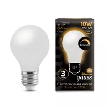 Лампа светодиодная Gauss Filament, Е27, 10 Вт, 2700К, 820 Лм, milky, груша, диммируемая