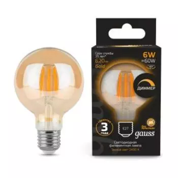 Лампа светодиодная Gauss Filament, Е27, 6 Вт, 2400К, 620 Лм, golden, диммируемая
