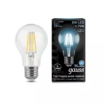 Лампа светодиодная GAUSS Filament, E27, 8 Вт, 230 В, белый свет, груша