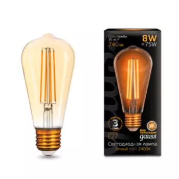 Лампа светодиодная Gauss Filament, Е27, 8 Вт, 2400К, 740 Лм, golden