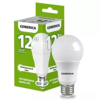 Лампа светодиодная IEK Generica, E27, 12 Вт, 230 В, 4000К, A60, груша