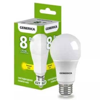 Лампа светодиодная IEK Generica, E27, 8 Вт, 230 В, 3000К, A60, груша