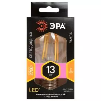 Лампа светодиодная ЭРА F-LED филамент, E27, 13 Вт, теплый свет, груша