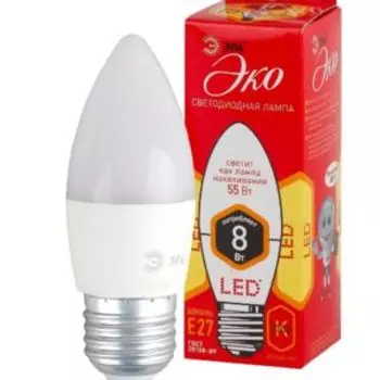 Лампа светодиодная ЭРА LED, 8Вт, E27, свеча, матовая, теплый свет