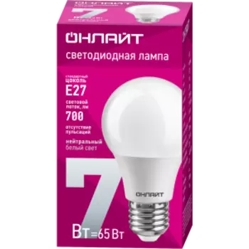 Лампа светодиодная Онлайт, E27, 7 Вт, 4000K, груша