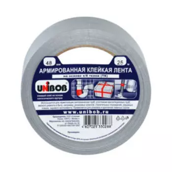 лента клейкая армированная UNIBOB 48мм х 25м, серая (на основе х/б ткани),арт.29836