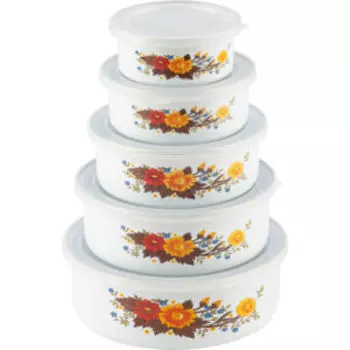 Набор эмалированных мисок с крышками Familia, 195/340/600/850/1250 мл