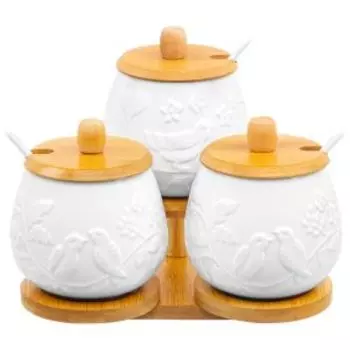 Набор банок для хранения Птички на ветке с ложками, 3 шт, 400 мл, на подставке, фарфор/бамбук
