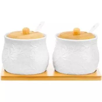 Набор банок для хранения Веточки-цветочки, 4 предмета, 320 мл, фарфор/дерево