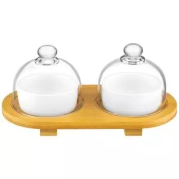 Набор блюд Айсберг с крышками на подставке, 2 шт, 60 мл, фарфор/стекло/бамбук
