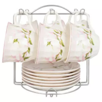 Набор чайный Lavenir Цветы с розовой лентой, 6 персон, 12 предметов, фарфор, на подставке