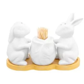 Набор для специй Elan Gallery Кролики с капустой, 3 предмета, на подставке, с зубочистками, фарфор/бамбук