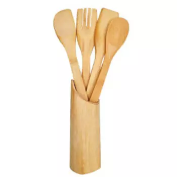 Набор кухонных принадлежностей в подставке, 5 предметов, бамбук