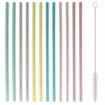 Набор трубочек для коктейля Блестки, 12 шт, 20 см, с ершиком, пластик