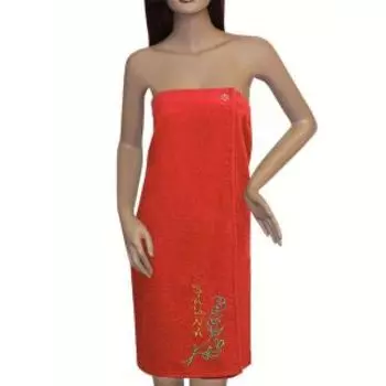 накидка для сауны махровая женская с вышивкой, размер: 80х150см, коралл, 200г/м2, 100%хлопок