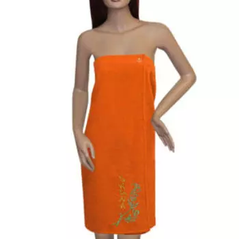 накидка для сауны махровая женская с вышивкой, размер: 80х150см, оранжевый, 200г/м2, 100%хлопок