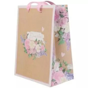 Пакет подарочный, 18х23х10 см, крафт с тиснением и атласными ручками, в ассортименте