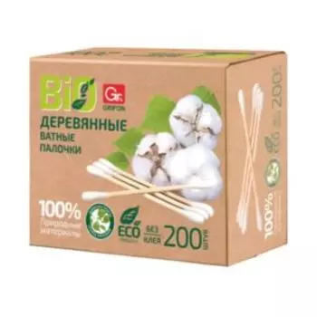 Палочки ватные Эко Grifon на деревянной основе, 200 шт