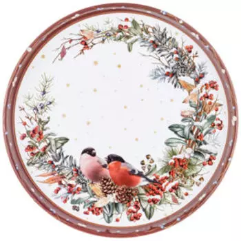 Поднос Agness Снегири, 33 см, металл, красный