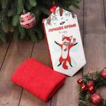 Полотенце махровое Экономь и Я Лисичка, 30х60 см, махра 340г/м2, хлопок, красный