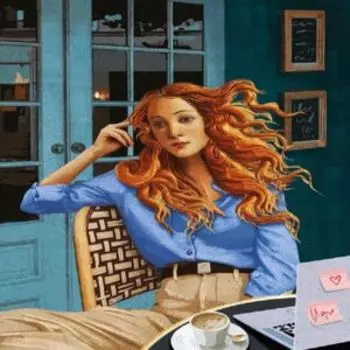 постер АРТ ДИЗАЙН, Девушка рыж.с кофе и ноутбуком, размер: 30х40см