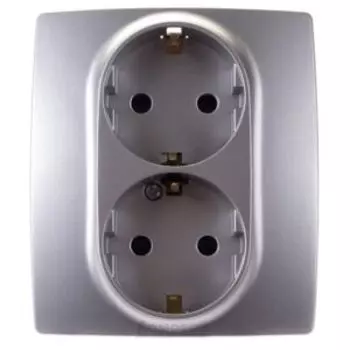 Розетка ЭРА 12 двойная, с заземлением, со шторками, алюминий