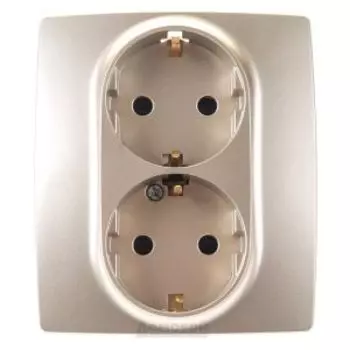 Розетка ЭРА 12 двойная, с заземлением, со шторками, шампань