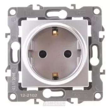 Розетка ЭРА 12 одинарная, с заземлением, со шторками, алюминий