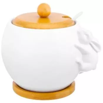 сахарница ELAN GALLERY Кролик 12х12х12 см, 620 мл, с ложкой, фарфор, бамбук