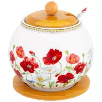 Сахарница Elan Gallery Маки, 11х12 см, 620 мл, с ложкой, на подставке, фарфор/бамбук