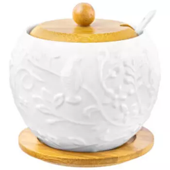 сахарница ELAN GALLERY Птички на ветке 12х12х12 см, 620 мл, с ложкой, фарфор, бамбук