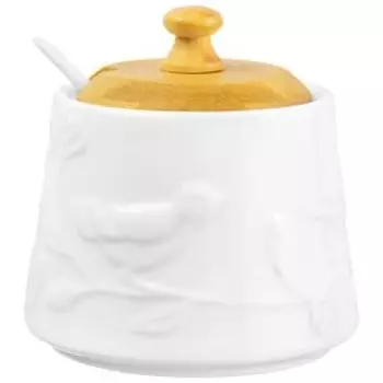 сахарница ELAN GALLERY Птички на ветке 9,7х9,7х10,5 см, 350 мл, с ложкой фарфор, бамбук