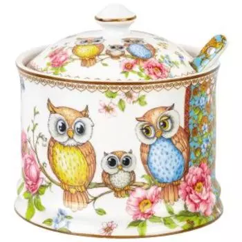 Сахарница Elan Gallery Совушки, 9х10 см 250 мл, с ложкой, фарфор