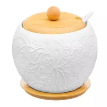 Сахарница Веточки-цветочки с ложкой, 620 мл, 12х12х12 см, на деревянной подставке