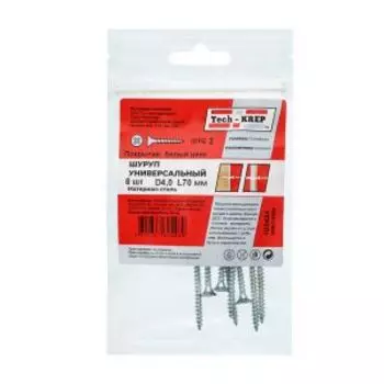 Саморез универсальный оцинкованный TECH-KREP, потайная головка, 4х70мм, 8шт