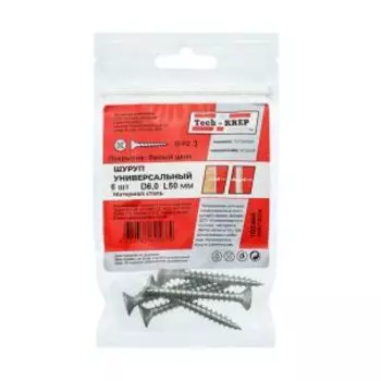 Саморез универсальный оцинкованный TECH-KREP, потайная головка, 6х50мм, 6шт