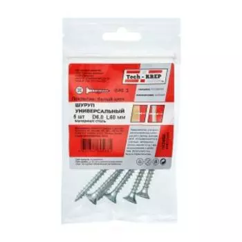 Саморез универсальный оцинкованный TECH-KREP, потайная головка, 6х60мм, 5шт