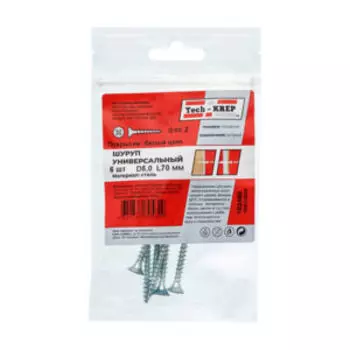 Саморез универсальный оцинкованный TECH-KREP, потайная головка, 5х70мм, 6шт