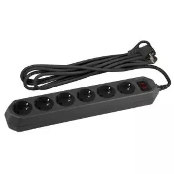 Сетевой фильтр ЭРА с базовой защитой, заземлением, выключателем, 6 розеток, 1.5 м, черный