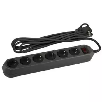 Сетевой фильтр ЭРА с базовой защитой, заземлением, выключателем, 6 розеток, 5 м, черный