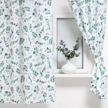 Штора для кухни Доляна Eucalyptus, 2 шт, 150х180 см, с подхватами, рогожка, белый/зелёный
