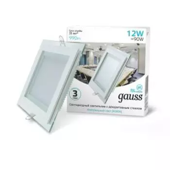 Светильник встраиваемый Gauss Glass LED, 12 Вт, 4000K, 990 Лм, 185-265 В, IP20, белый